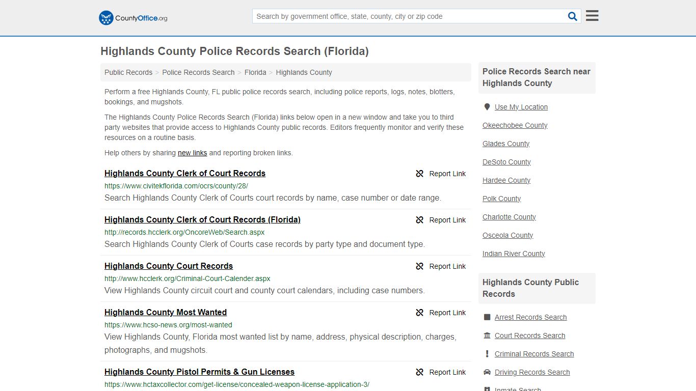 Highlands County Police Records Search (Florida) - County Office